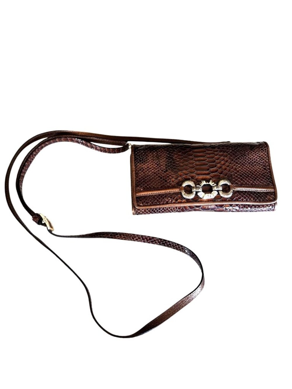 Brighton Snakeskin Embossed Brown Crossbody Bag Clutch  Wallet Organizer